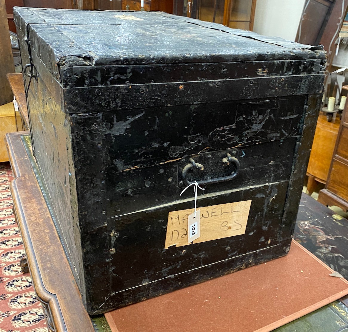 A 19th century iron bound travelling trunk, width 88cm, depth 53cm, height 53cm